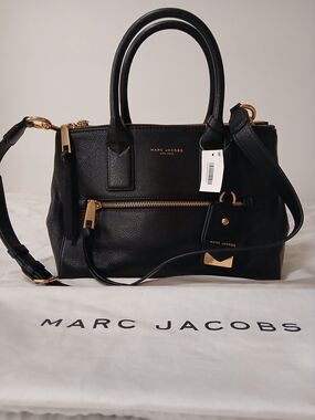 Designer Marc Jacobs Classic Black Pebbled Leather Satchel with Gold Hardware